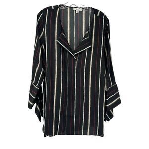H by Halston Blouse Black Striped V Neck Long Sleeve Flare Cuffs Size L Silky